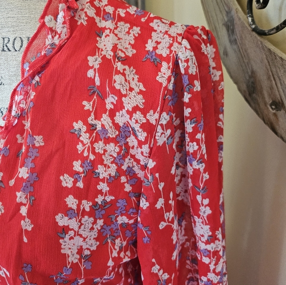 Red Floral Ruffle Open Back Dress M Medium Long Balloon Poof Sleeve - Picture 4 of 11